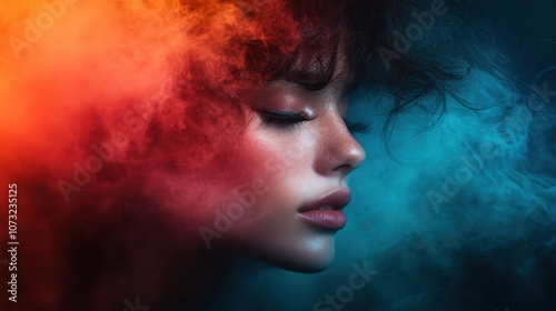 A woman in profile poses tranquilly amidst swirling vivid blue and orange smoke, capturing a moment of peaceful reflection and expressive artistic flair.