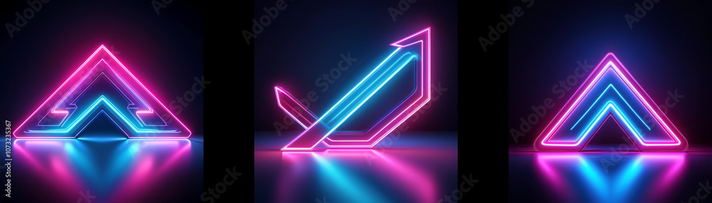 Three neon signs with different shapes and colors glowing against a dark background. Three neon signs with different shapes and colors glowing against a dark background.