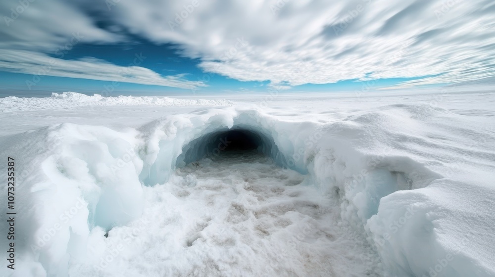 Obraz premium A dramatic snow-covered tunnel leading into a mysterious dark icy cave, emphasizing the allure of exploration and the hidden wonders of frosty environments.