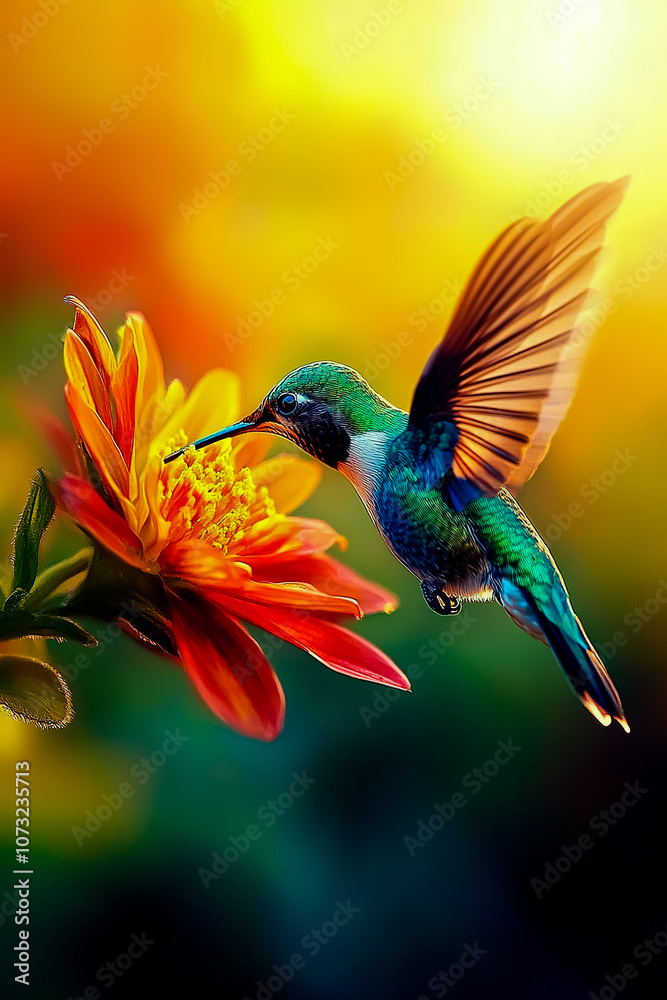 Fototapeta premium A vibrant close-up of a hummingbird in mid-flight, gracefully hovering as it pollinates a bright flower.