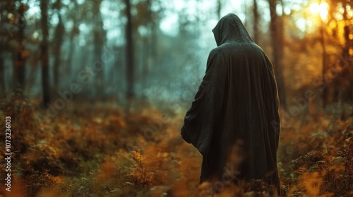 A mysterious hooded figure moves quietly through a foggy, autumnal forest, evoking themes of solitude, mystery, and the journey of the unknown. photo