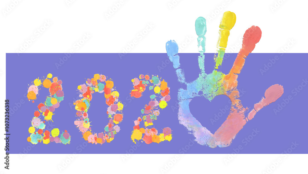 2025 logo made from colorful oil paint stains with rainbow handprint and heart for a positive New Year concept and Valentine's Day card. 2025 logo made from colorful oil paint stains with rainbow handprint and heart for a positive New Year concept and Valentine's Day card.
