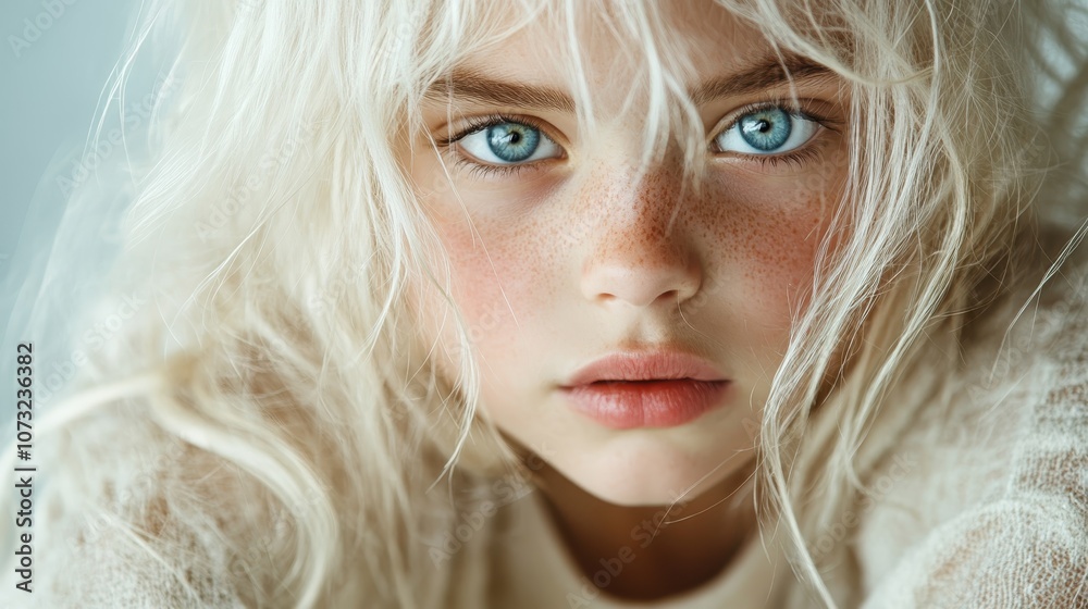 A full portrait captures a person with radiant blue eyes, freckled skin, and white hair, exuding calm and a captivating presence amidst soft, natural lighting. A full portrait captures a person with radiant blue eyes, freckled skin, and white hair, exuding calm and a captivating presence amidst soft, natural lighting.