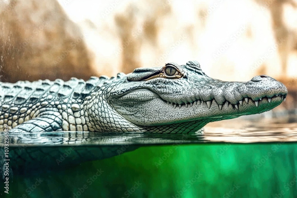 Fototapeta premium A Majestic Crocodile Lurks in the River, Partially Submerged and Gazing at the Observer With Intent