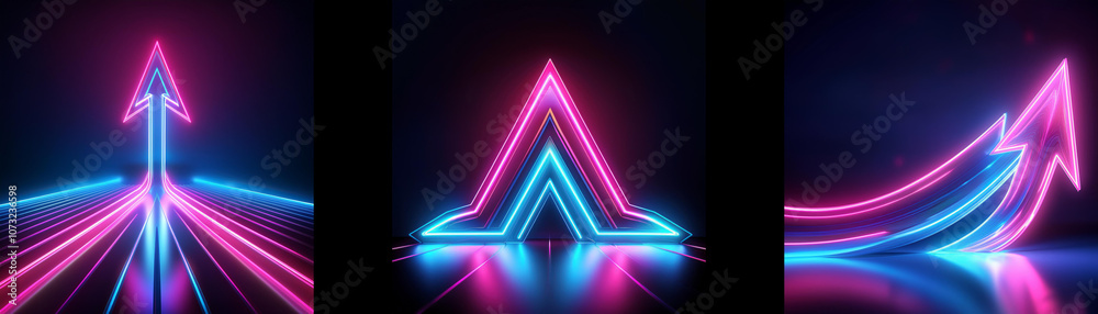 Three neon arrows in a dark room, one a single straight arrow pointing upwards, one a triangle shape, and the last a curved upward arrow. Three neon arrows in a dark room, one a single straight arrow pointing upwards, one a triangle shape, and the last a curved upward arrow.