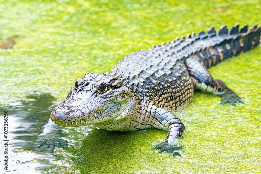 Fototapeta premium A Crocodile Lurking Just Below the Surface, Observing Its Surroundings in Tranquil Waters