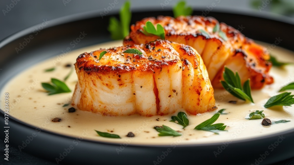 Close-up of beautifully seared scallops nested in a rich creamy sauce, enhanced with elegant herb garnishes, representing gourmet culinary art and taste delight. Close-up of beautifully seared scallops nested in a rich creamy sauce, enhanced with elegant herb garnishes, representing gourmet culinary art and taste delight.