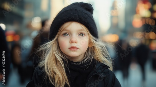 Wallpaper Mural A young child dressed warmly in black with wide eyes stands out in a lively city ambience, capturing both the child’s focus and urban movement. Torontodigital.ca