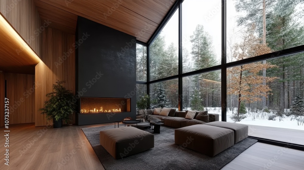 Fototapeta premium A spacious and elegant living room featuring full-height windows revealing a breathtaking forest landscape, complemented by a sleek, modern fireplace design.