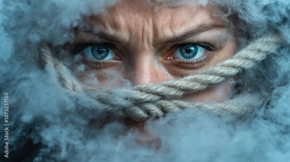 This striking image features intense blue eyes peering through a swirling mist, partially obscured by ropes, conveying intrigue and mystery in a surreal atmosphere. This striking image features intense blue eyes peering through a swirling mist, partially obscured by ropes, conveying intrigue and mystery in a surreal atmosphere.