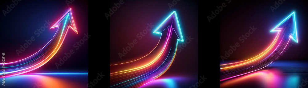 Three glowing neon arrows point upward on a dark background. The arrows are a colorful rainbow, and they have a bright shine. Three glowing neon arrows point upward on a dark background. The arrows are a colorful rainbow, and they have a bright shine.
