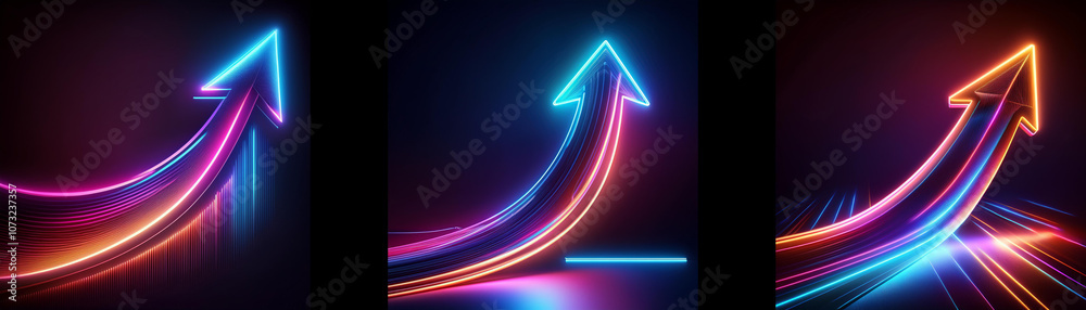 Three glowing neon arrows point upwards in a dark setting. Three glowing neon arrows point upwards in a dark setting.