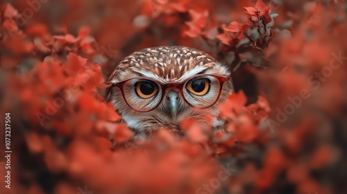 An adorable little owl wearing glasses is nestled amongst vibrant red flowers, portraying intelligence, curiosity, and the beauty of nature in artistic depiction. photo