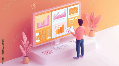 Digital marketing journey isometric seamless pattern. Line 3d icons, people characters, arrows. Develop, business infograph. Vector background teamwork concept illustration. Advertising strategy, seo.