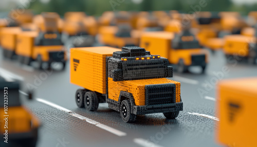 A miniature diorama of toy trucks in vibrant yellow, lined up on a road, showcasing a playful scene of miniature transportation. photo