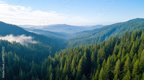 Majestic view of lush green forested mountains under a clear blue sky, AI