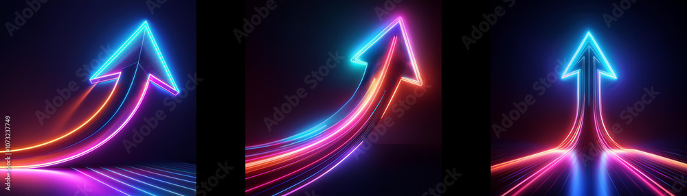 Three neon arrows pointing upward on a dark background. Three neon arrows pointing upward on a dark background.