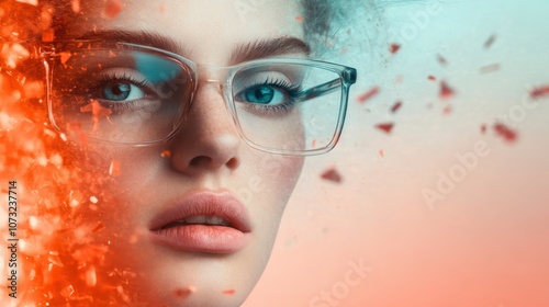 A woman's face wearing glasses is partially obscured by an abstract burst of orange, symbolizing dynamism and intensity against a soft dual-colored background. photo