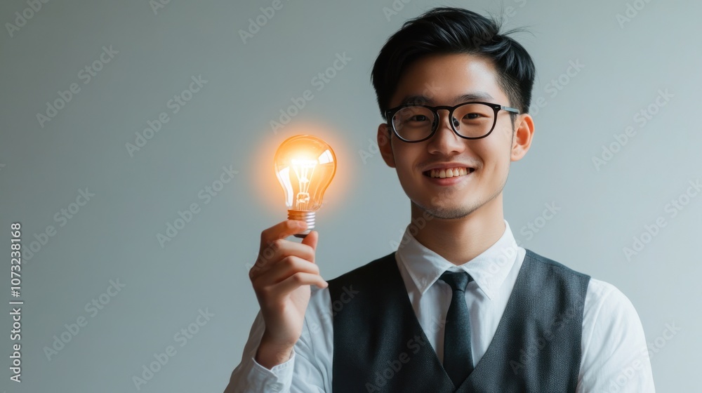 Smiling Businessman Holding Lightbulb , Smart Leadership concept