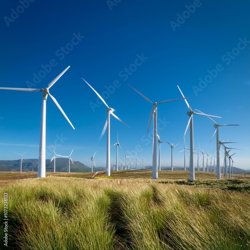  A field filled with wind turbines generating clean energy against a clear blue sky