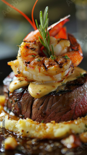 This vertical close-up beautifully captures Tournedos Rossini, featuring filet mignon topped with foie gras, truffle, and a crouton