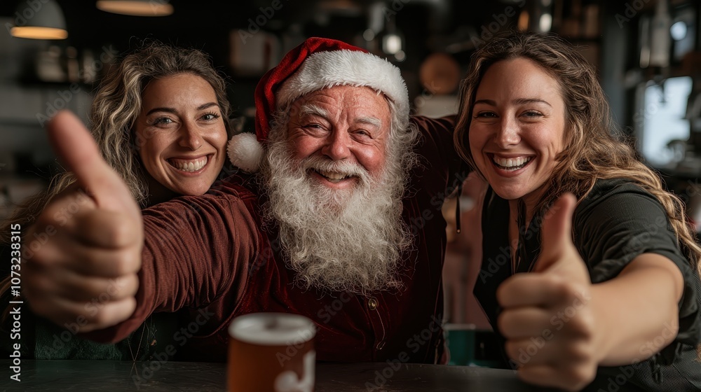 Santa Claus shares a joyful moment with two friends, giving thumbs-up, all smiling warmly in a cozy setting filled with holiday cheer and camaraderie.