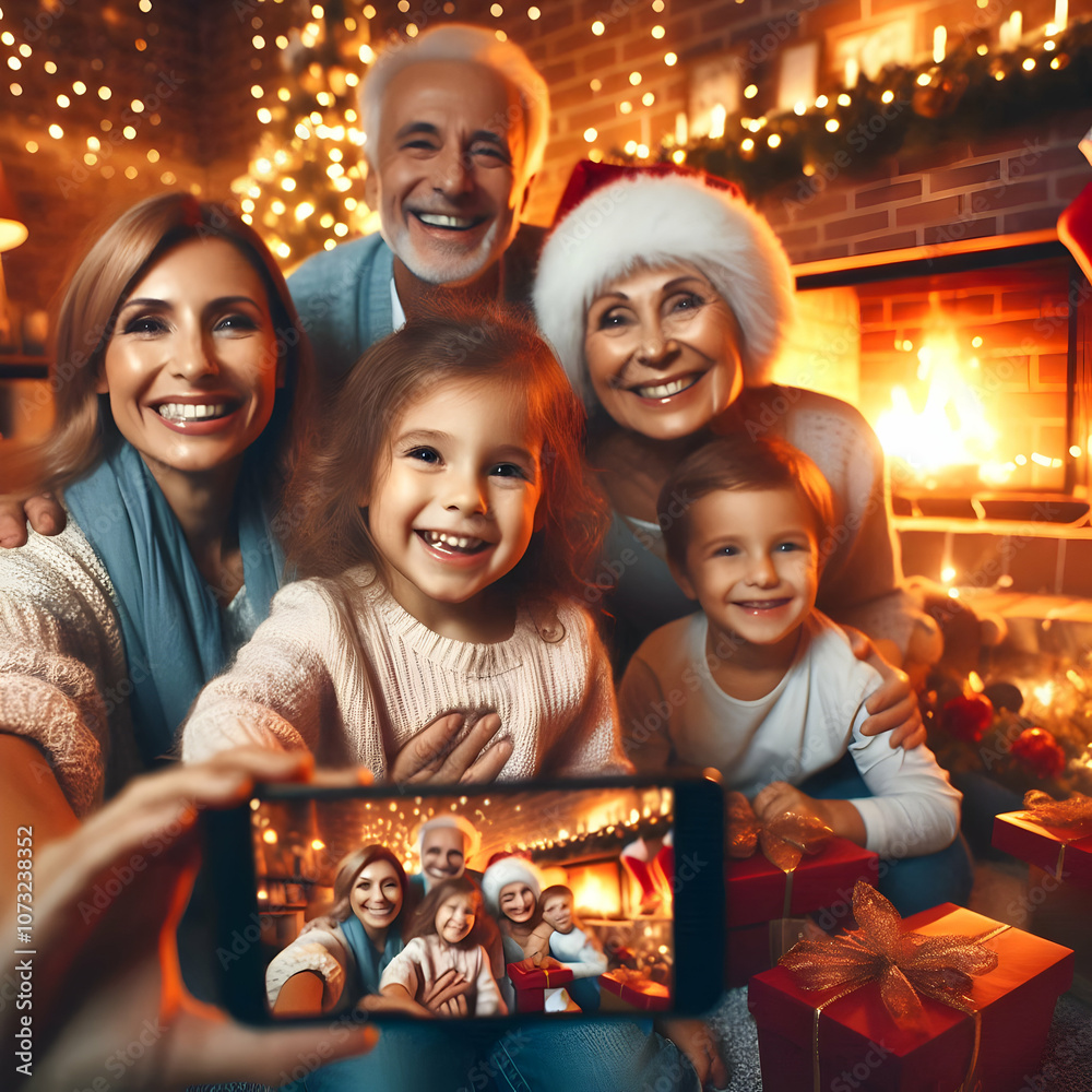 Family New Year Countdown concept as Warm intimate scene of a multi generational family gathered in a cozy living room around a glowing television. The camera zooms in on a smiling grandmother holding Family New Year Countdown concept as Warm intimate scene of a multi generational family gathered in a cozy living room around a glowing television. The camera zooms in on a smiling grandmother holding