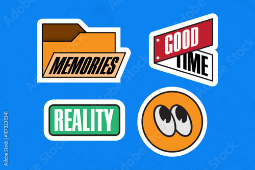 Sticker set Cute vector template decorated with cartoon image and aesthetic quotes graphic design