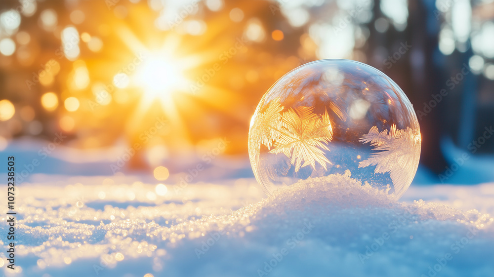 雪上の凍ったシャボン玉と冬の朝日 雪上の凍ったシャボン玉と冬の朝日