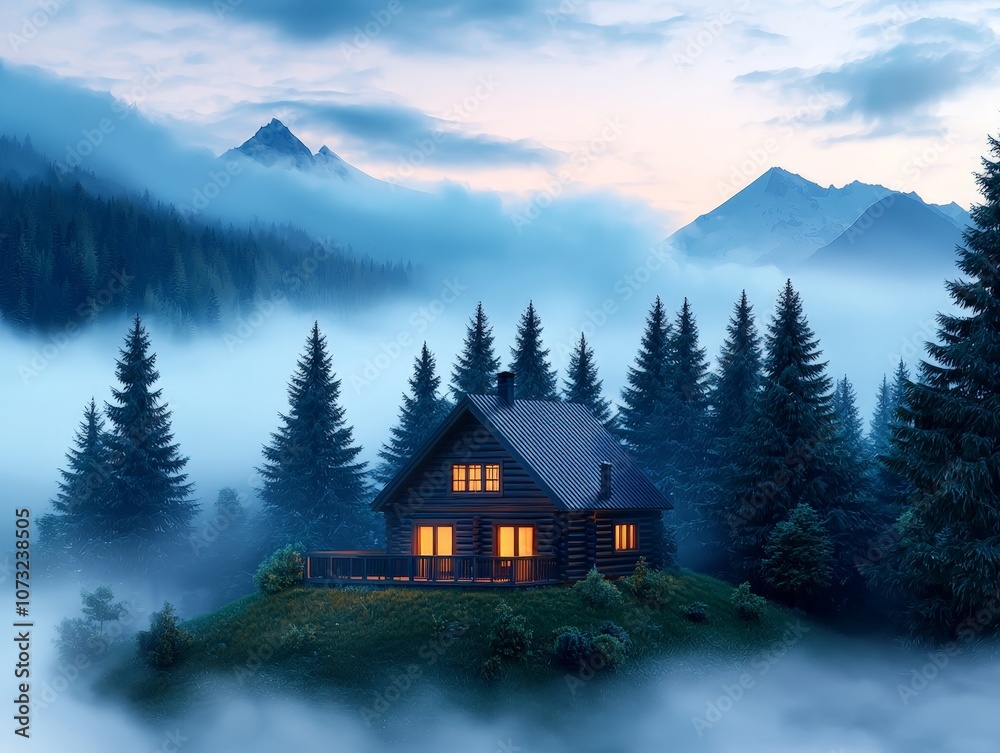 Serene Isolated Cabin in a Lush Forest Surrounded by Mysterious Dense Fog at Dawn with Mountains in the Background Serene Isolated Cabin in a Lush Forest Surrounded by Mysterious Dense Fog at Dawn with Mountains in the Background