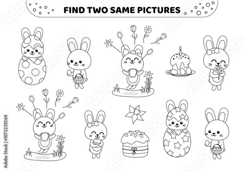 Find two same pictures. Black and white. Cheerful bunnies. Printable game for children. Spot two identical pictures. Isolated vector illustration eps 10