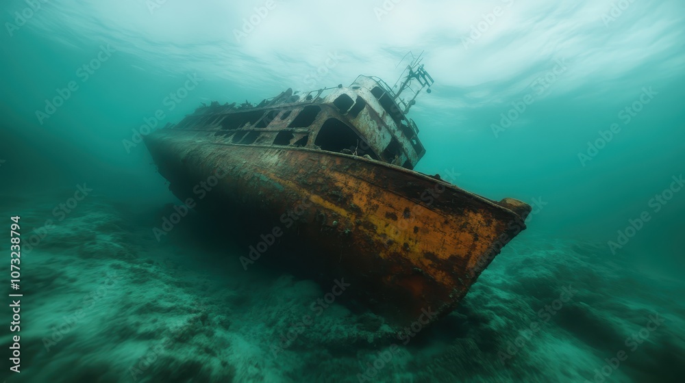 Fototapeta premium An eerie photograph of a rusty shipwreck sitting solemnly under the ocean, evoking a sense of mystery and history as it rests on the seabed in silent solitude.