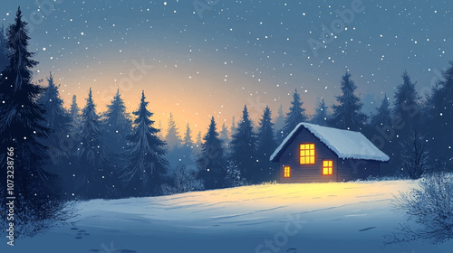 Cozy winter cabin nestled in a snowy forest glade, with a warm glow emanating from its windows. Vector flat minimalistic isolated illustration.
