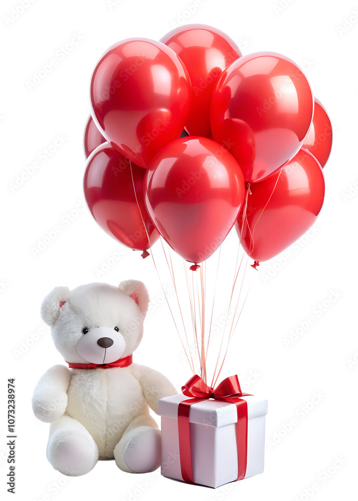 Red Balloons & White Bear Gift Set, isolated on a transparent background Red Balloons & White Bear Gift Set, isolated on a transparent background