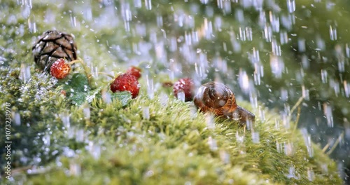 Close-up wildlife of a and wild strawberries and snail in heavy rain in the forest. Shot on super slow motion camera 1000 fps. photo