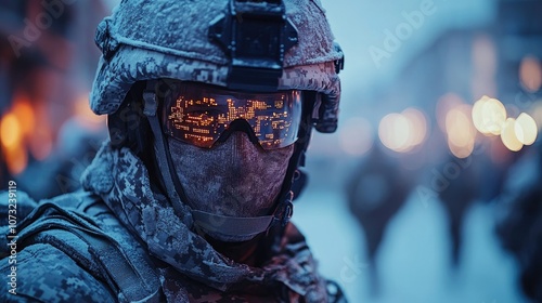 Soldier wearing reflective goggles in snowy urban environment