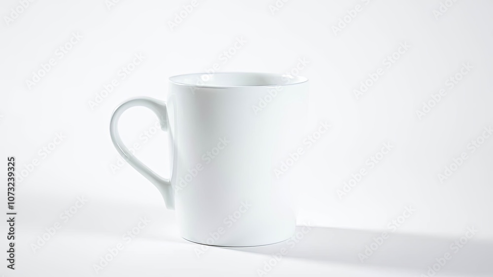 Fototapeta premium A simple white mug with a handle sits on a plain white background, ready to be filled with a warm beverage.