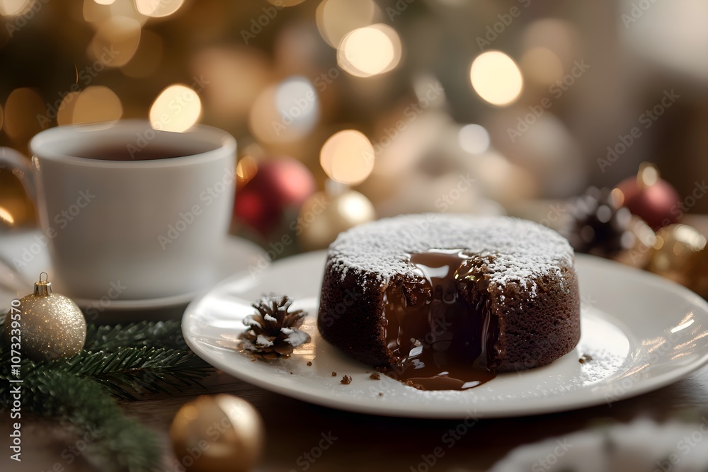 Close-up of a Moelleux au Chocolat, chocolate cake, with molten chocolate oozing onto a white plate on a Christmas-decorated coffee table. In the background, a cozy, festive apartment Close-up of a Moelleux au Chocolat, chocolate cake, with molten chocolate oozing onto a white plate on a Christmas-decorated coffee table. In the background, a cozy, festive apartment