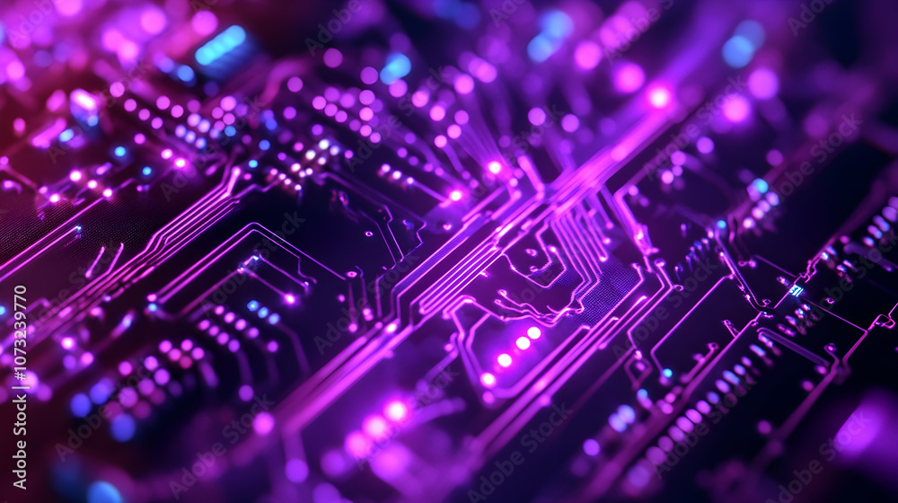 Obraz premium Purple neon-lit circuit board with intricate glowing pathways and floating particles.