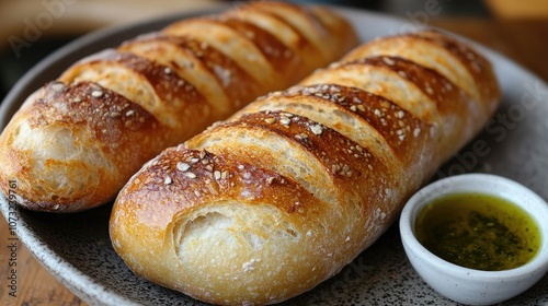 Freshly baked bread served with olive oil on a dining plate