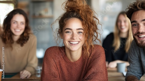 A joyful group of friends enjoying themselves in a warm café setting, illustrating happiness, friendship, and cozy moments in a social and relaxed atmosphere. photo