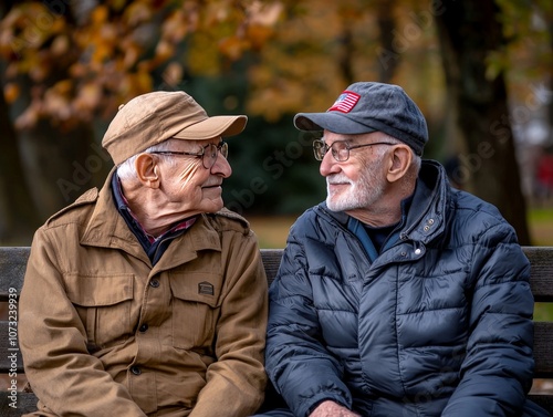 Two Veterans from Different Eras Sharing Stories and Memories in a Serene Park Setting, Capturing the Bond of Friendship and Shared Experiences