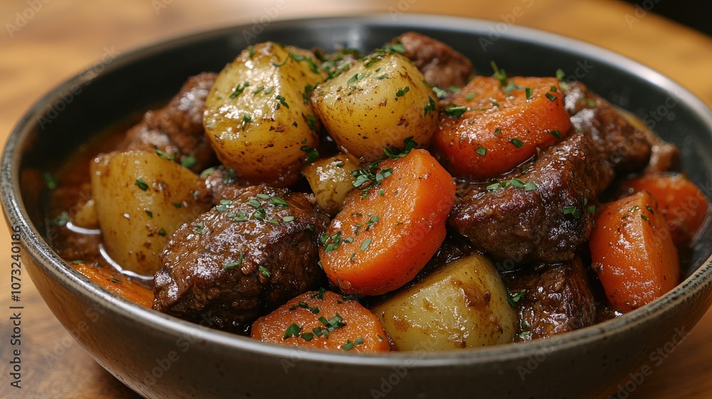 Hearty beef stew with vegetables and fresh herbs in a bowl