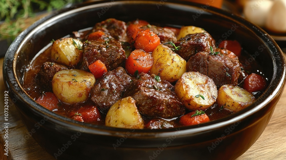 Hearty beef stew with vegetables in a rustic bowl Hearty beef stew with vegetables in a rustic bowl