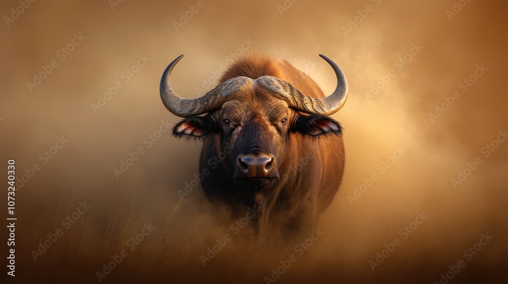 Naklejka premium A powerful buffalo emerges from a cloud of dust, surrounded by golden light, embodying the spirit of resilience and strength in the natural world.
