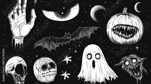 Happy Halloween retro set of photocopy halftone elements in Y2K aesthetic. Pumpkin, hat, skull, ghost, spider on the web, cat, vampire mouth with grain effect and stippling. Vector dots illustration.
