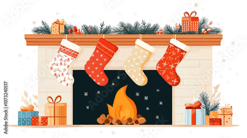 Cute flat illustration. Set of empty stockings hanging on the mantel on Christmas Eve. Christmas socks for fireplace mantel. Festive decoration interior room decoration. Winter and new year holiday.