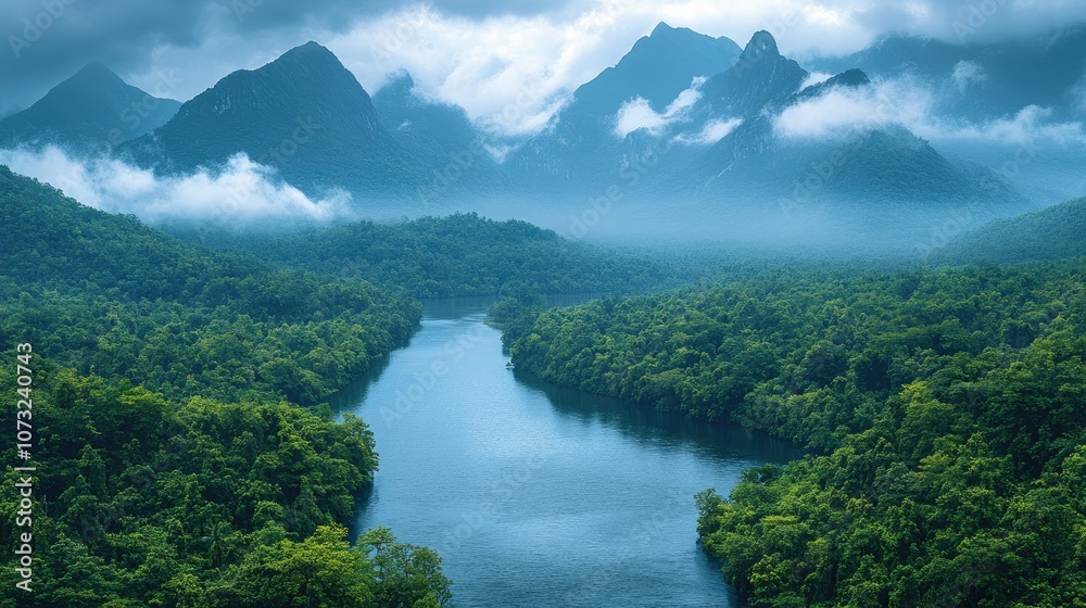 Serene landscape of mountains and river surrounded by lush greenery Serene landscape of mountains and river surrounded by lush greenery