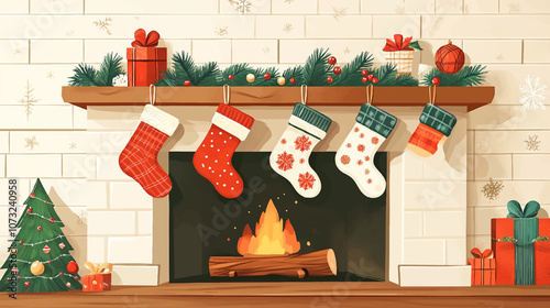 Cute flat illustration. Set of empty stockings hanging on the mantel on Christmas Eve. Christmas socks for fireplace mantel. Festive decoration interior room decoration. Winter and new year holiday.