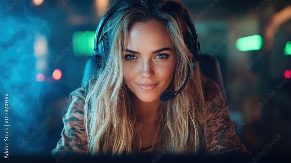 Obraz premium A woman in military-inspired attire intensely focused on gaming, wearing a headset with a dynamic background, conveying the thrill and strategy of gaming warfare.